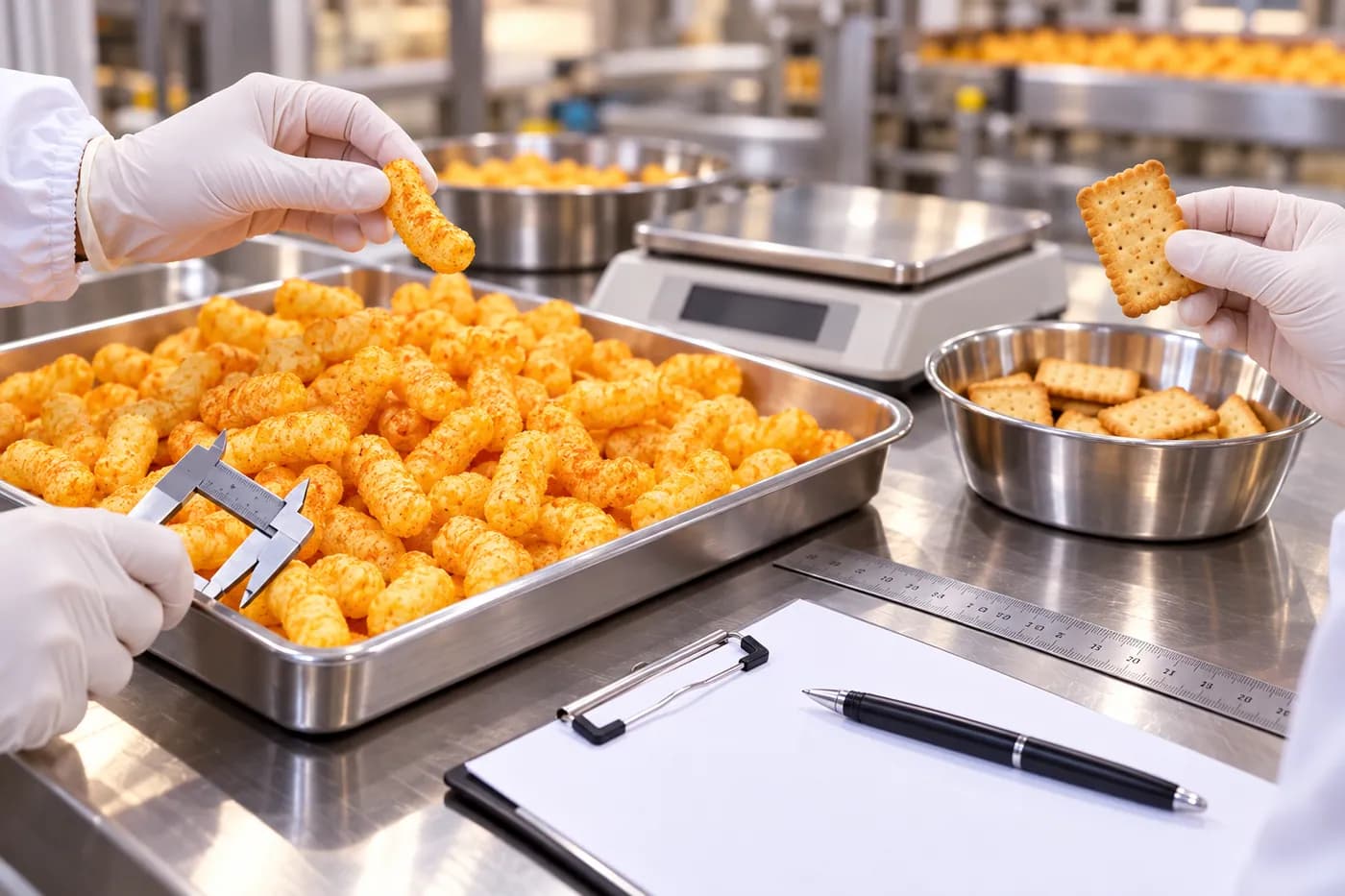 Illustrative AI-generated batch inspection of cheese puffs and biscuit samples