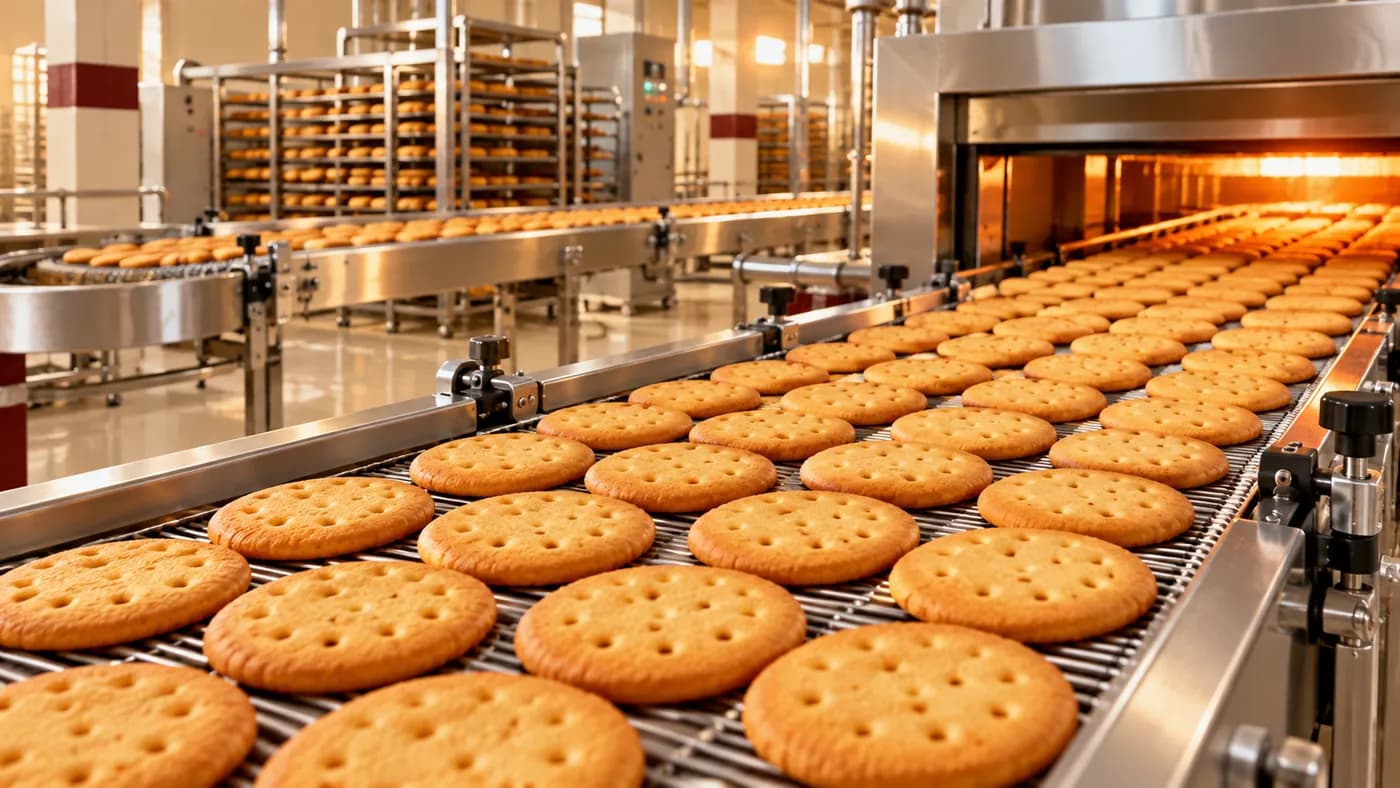 Illustrative AI-generated biscuit production line with golden biscuits on a conveyor