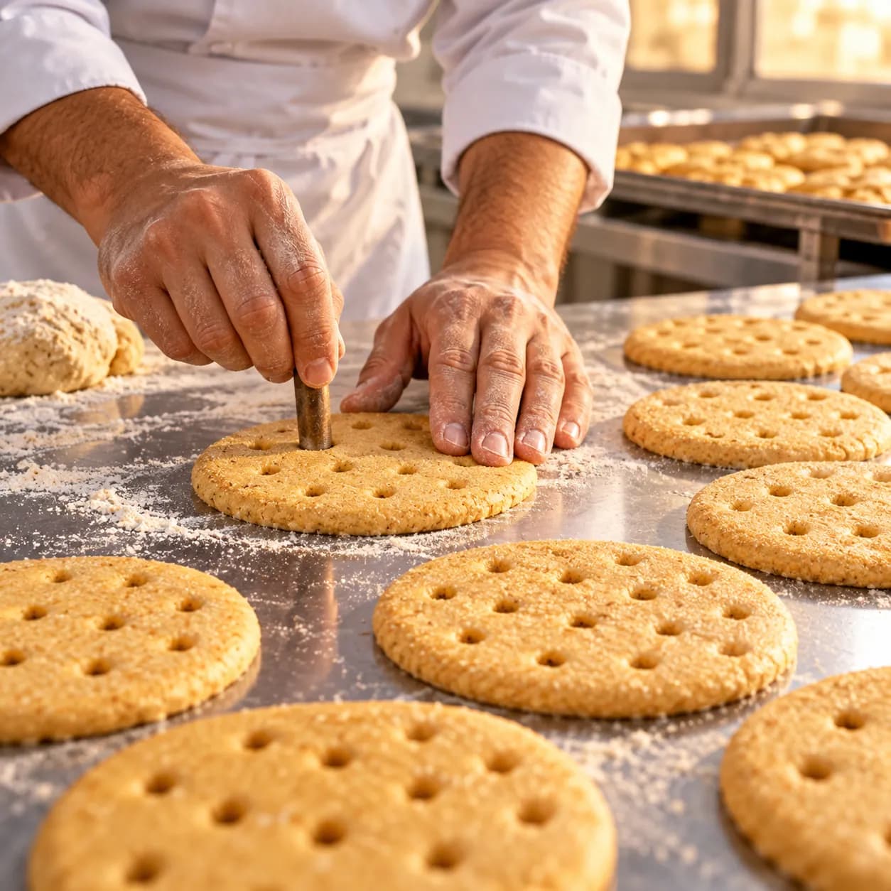 Illustrative AI-generated baker preparing biscuit dough on a workbench
