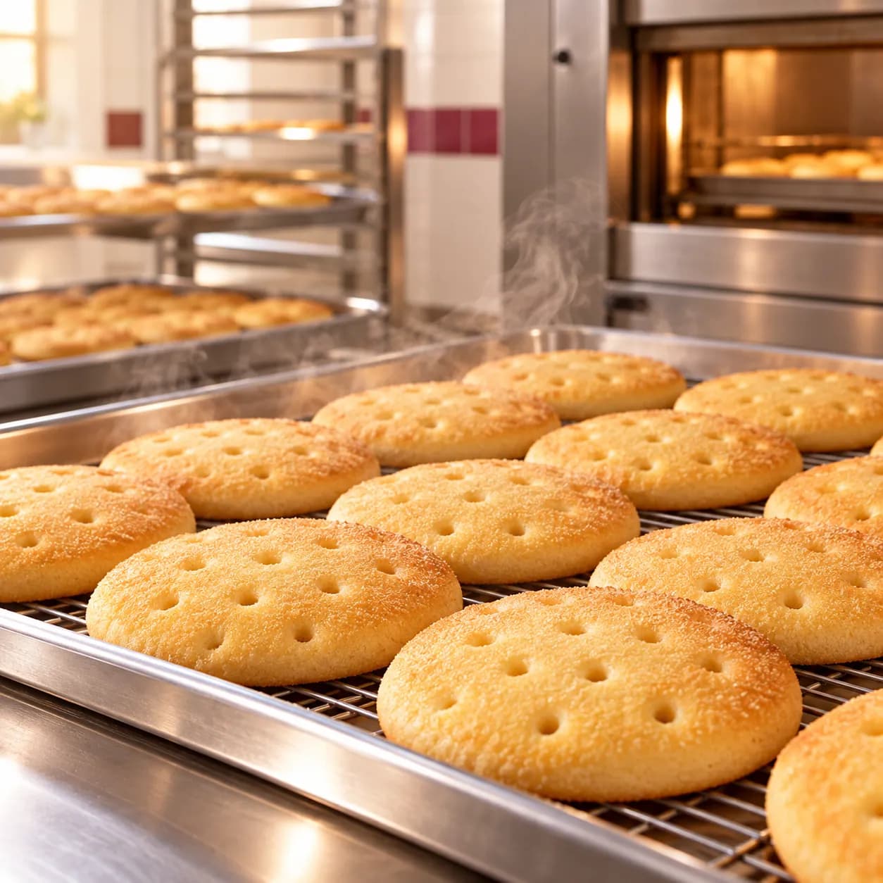 Illustrative AI-generated golden biscuits cooling on stainless-steel trays