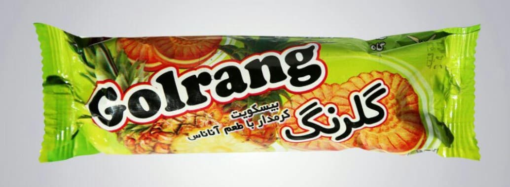 A pack of Golrang pineapple cream biscuits
