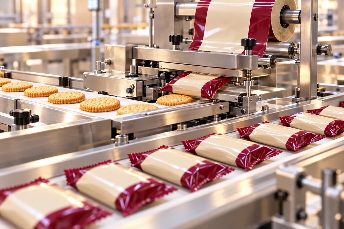 Illustrative AI-generated biscuit packs moving through a wrapping line