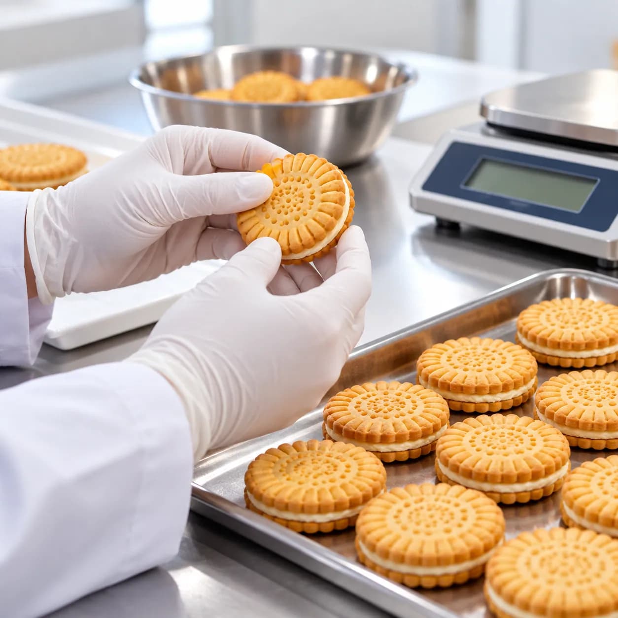 Illustrative AI-generated inspection of sandwich biscuits on a quality-control bench